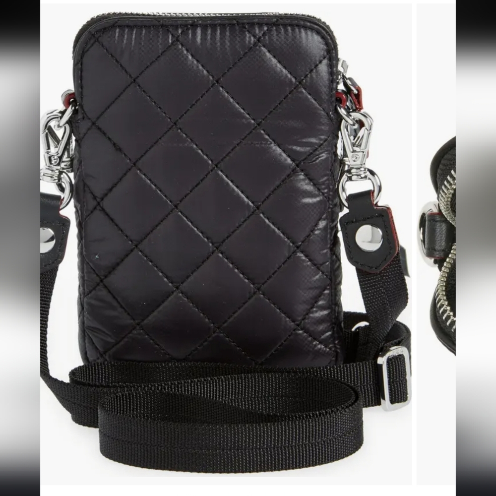 MZ Wallace Quilted Crosby Crossbody Bag Black Handbag Chain Leather Nylon Euc!